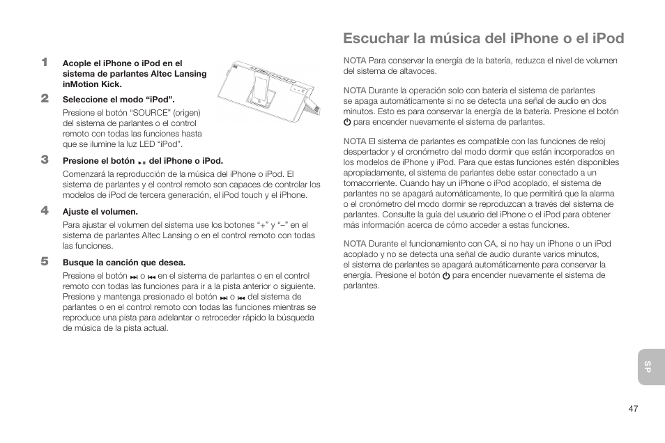 Escuchar la música del iphone o el ipod | Altec Lansing IN MOTION IMT520 User Manual | Page 49 / 76