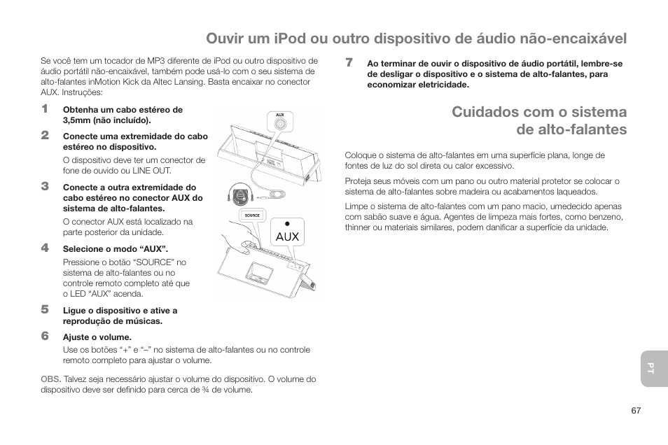 Cuidados com o sistema de alto-falantes | Altec Lansing IN MOTION IMT520 User Manual | Page 69 / 76