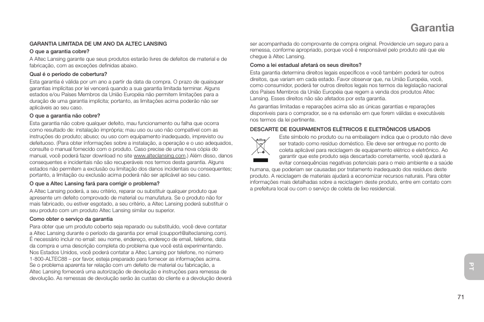 Garantia | Altec Lansing IN MOTION IMT520 User Manual | Page 73 / 76