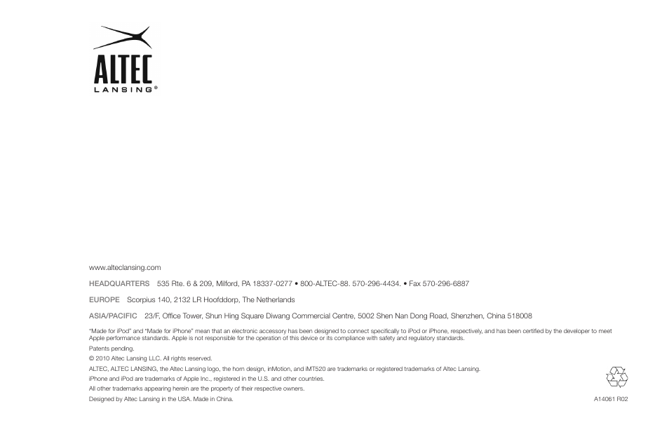 Altec Lansing IN MOTION IMT520 User Manual | Page 76 / 76