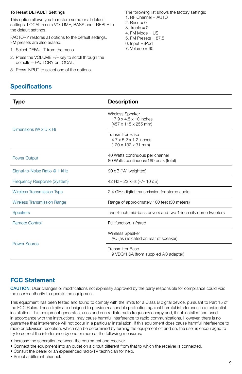 Fcc statement, Specifications, Type description | Altec Lansing Octiv AIR A11964 R07 User Manual | Page 9 / 12