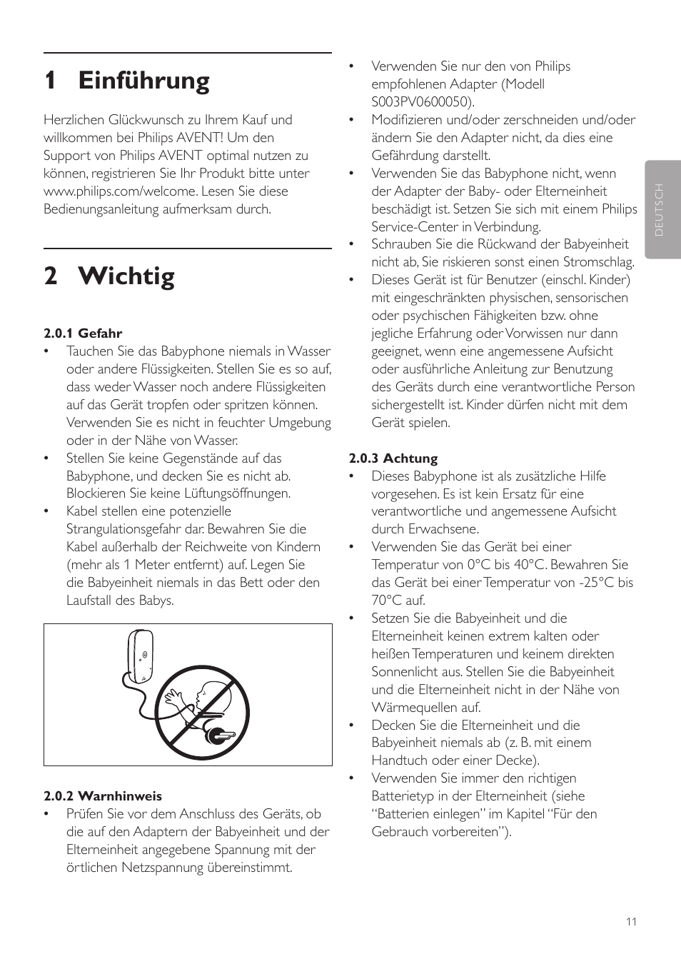 Deutsch, Benutzerhandbuch, 1 einführung | 2 wichtig | Philips AVENT Vigilabebés DECT User Manual | Page 11 / 72