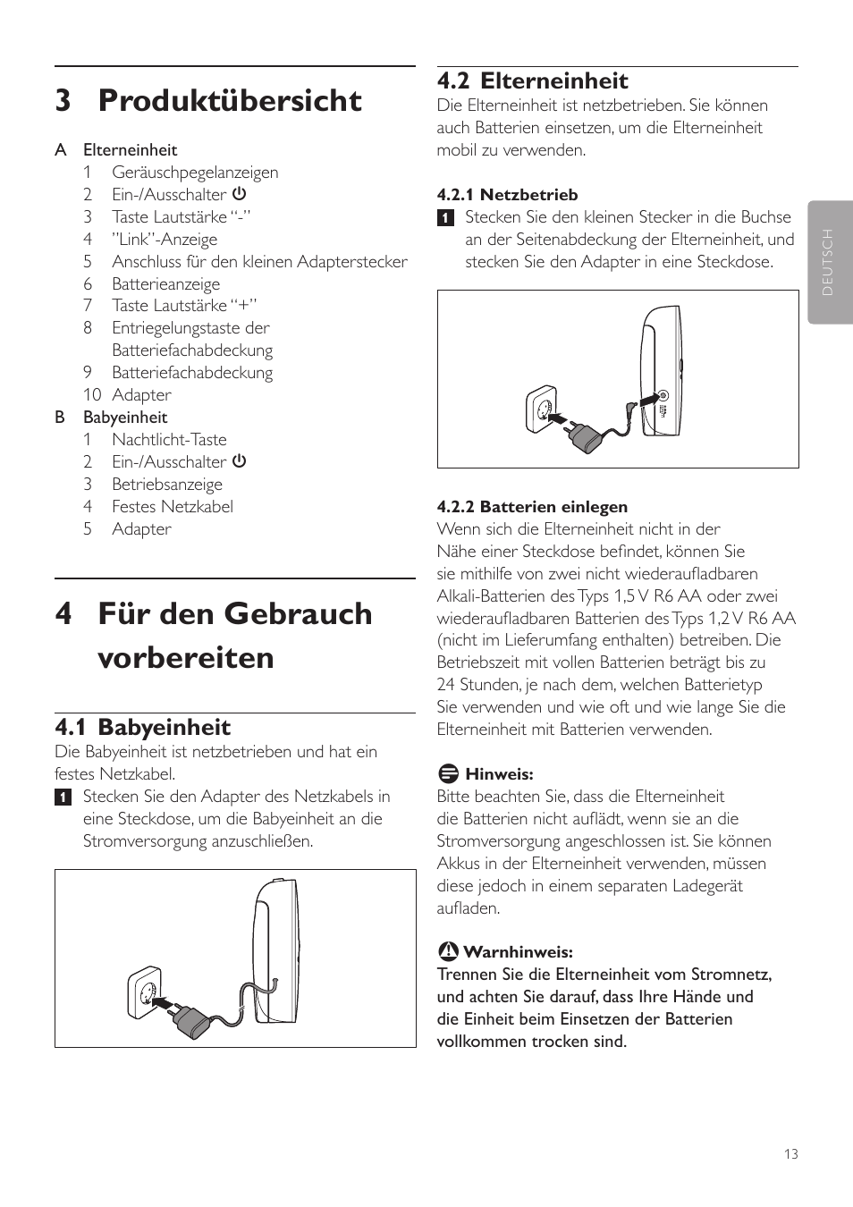 3 produktübersicht, 4 für den gebrauch vorbereiten, 2 elterneinheit | 1 babyeinheit | Philips AVENT Vigilabebés DECT User Manual | Page 13 / 72