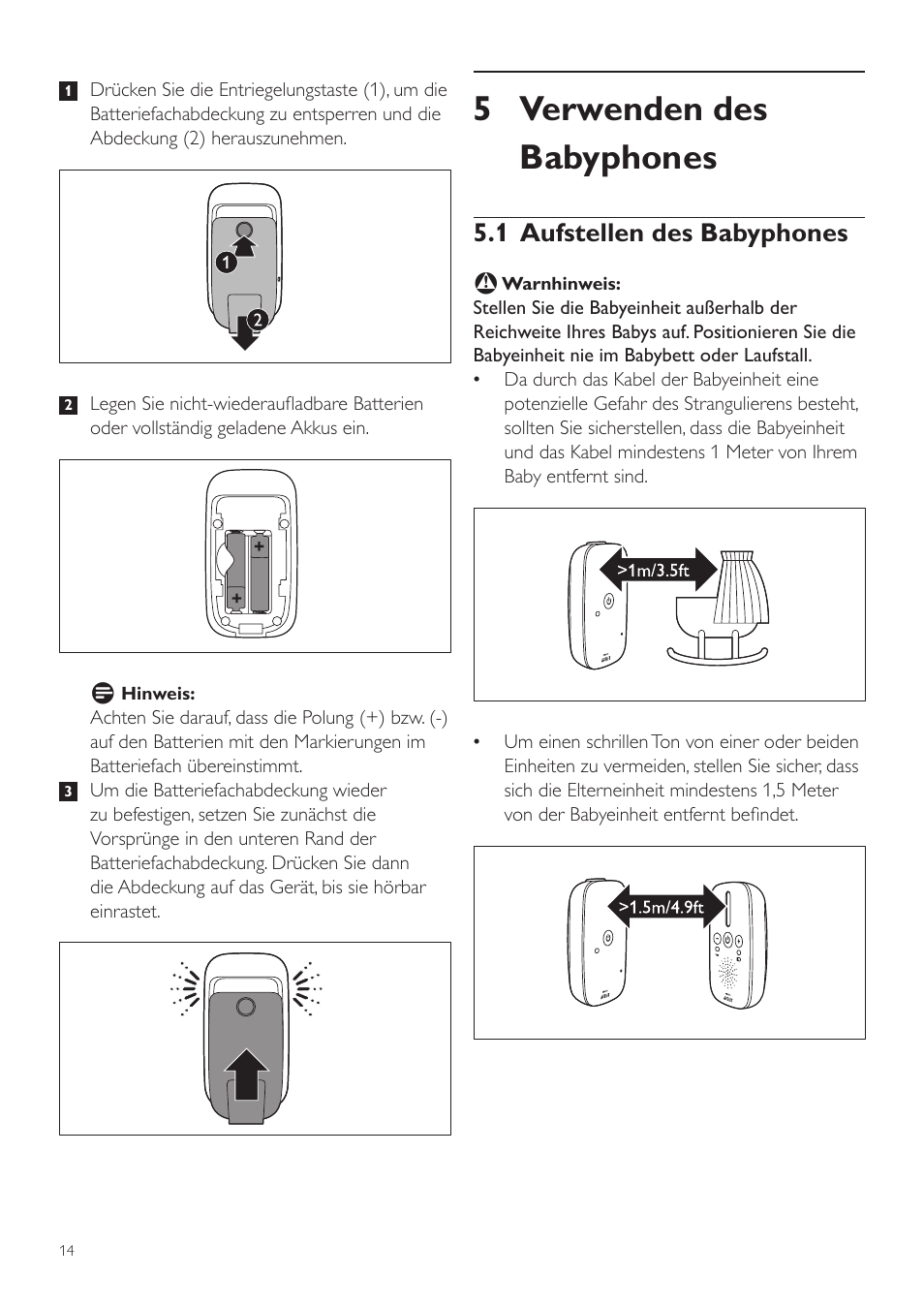 5 verwenden des babyphones, 1 aufstellen des babyphones | Philips AVENT Vigilabebés DECT User Manual | Page 14 / 72