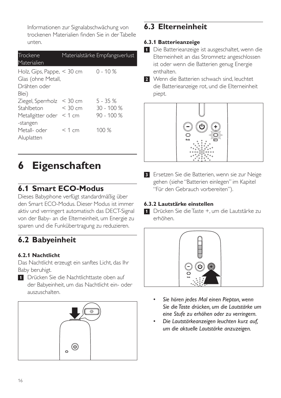 6 eigenschaften, 3 elterneinheit, 1 smart eco-modus | 2 babyeinheit | Philips AVENT Vigilabebés DECT User Manual | Page 16 / 72