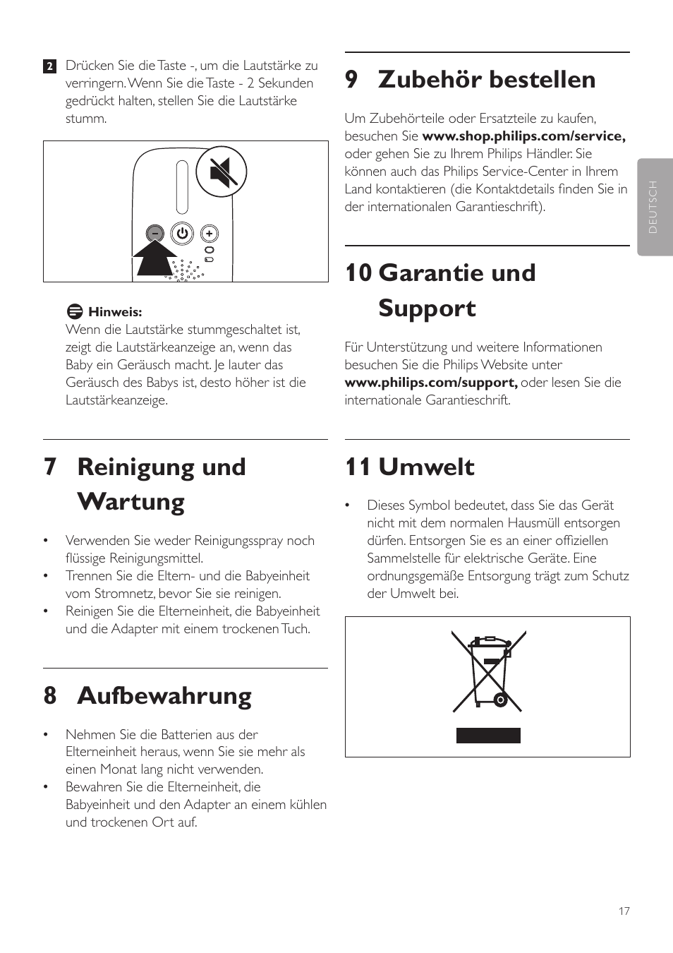 9 zubehör bestellen, 10 garantie und support, 11 umwelt | 7 reinigung und wartung, 8 aufbewahrung | Philips AVENT Vigilabebés DECT User Manual | Page 17 / 72
