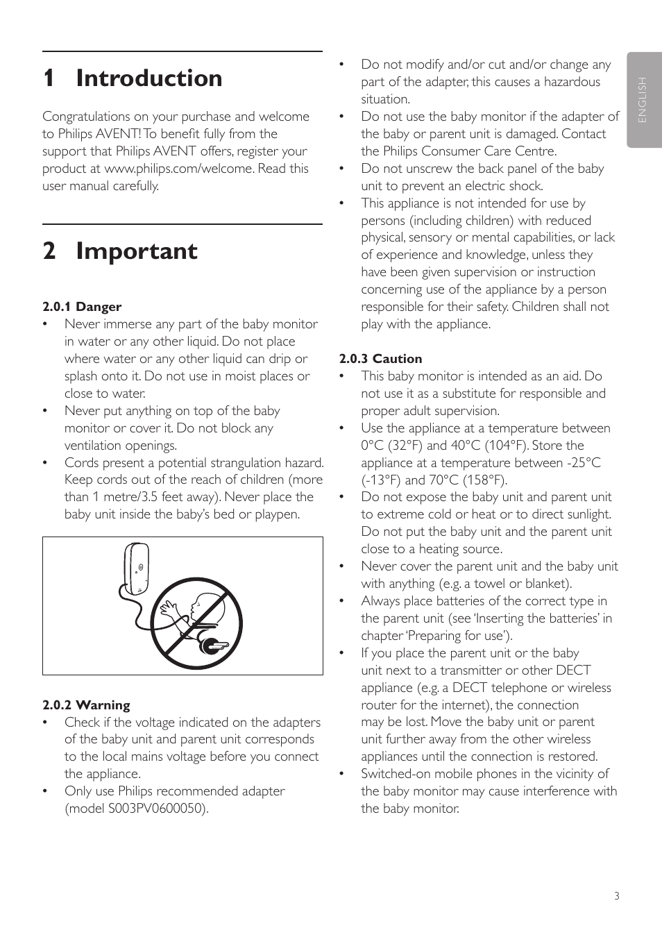 English, User manual, 1 introduction | 2 important | Philips AVENT Vigilabebés DECT User Manual | Page 3 / 72