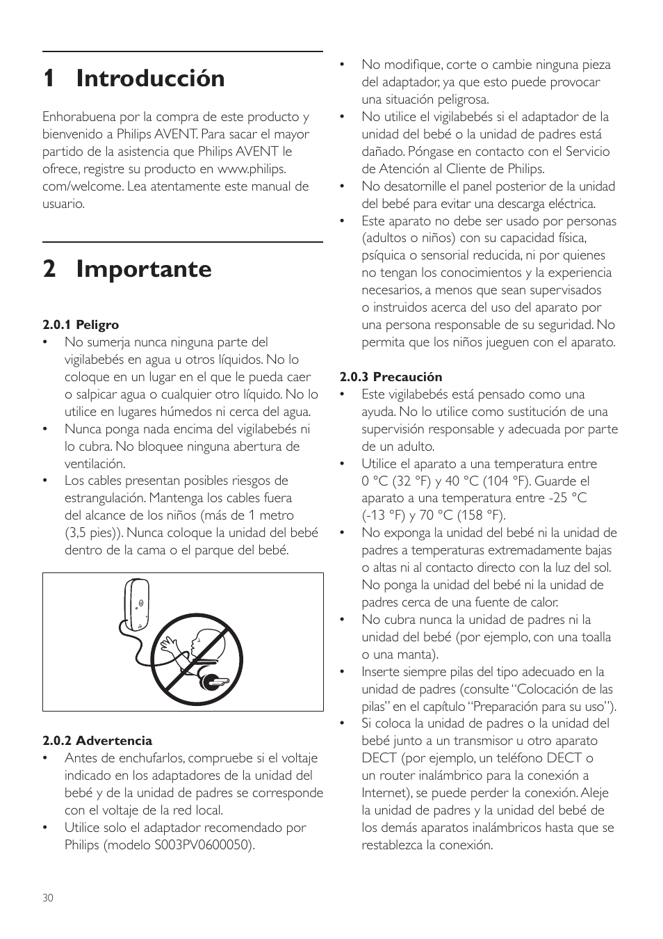 Español, Manual del usuario, 1 introducción | 2 importante | Philips AVENT Vigilabebés DECT User Manual | Page 30 / 72