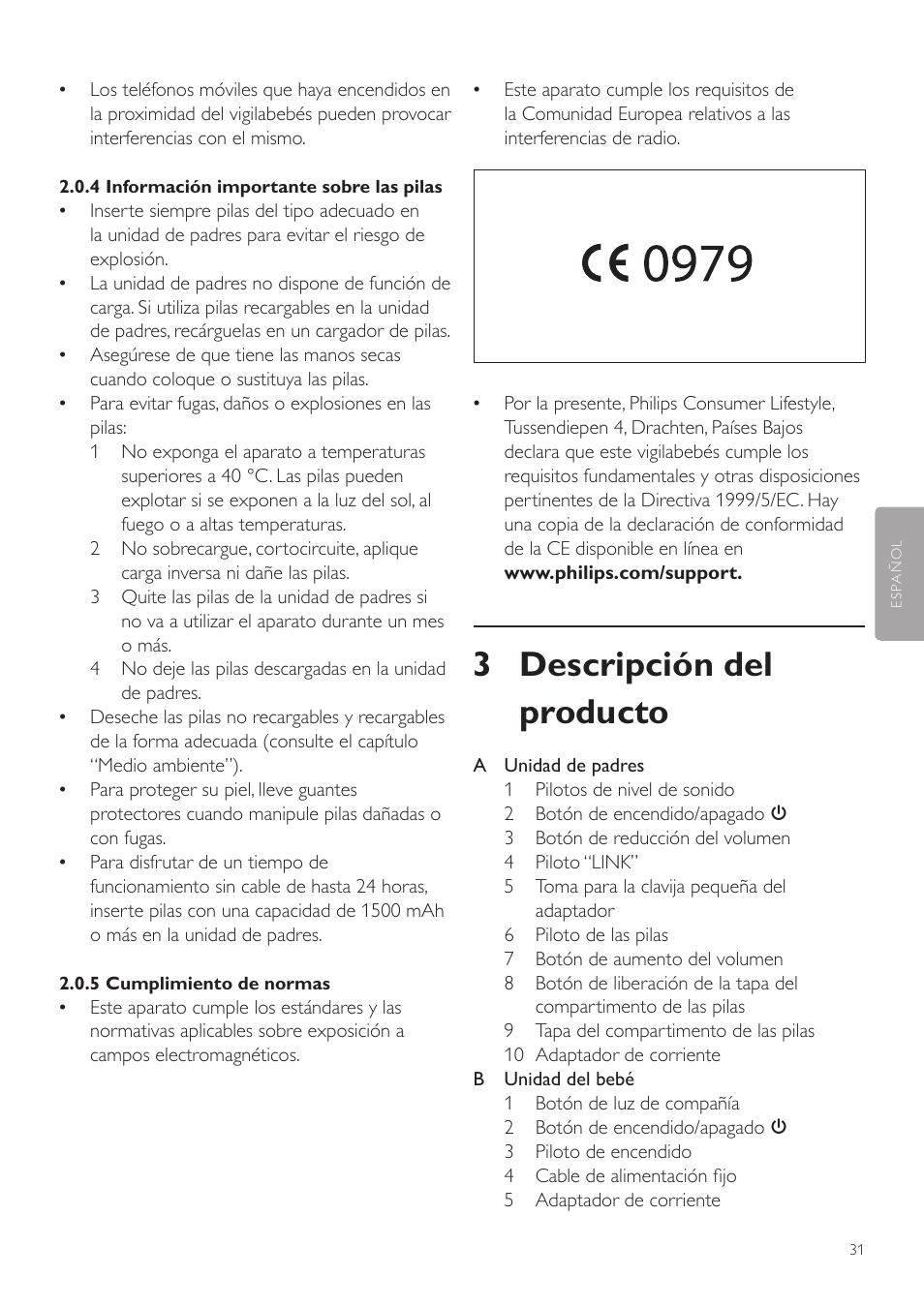 3 descripción del producto | Philips AVENT Vigilabebés DECT User Manual | Page 31 / 72