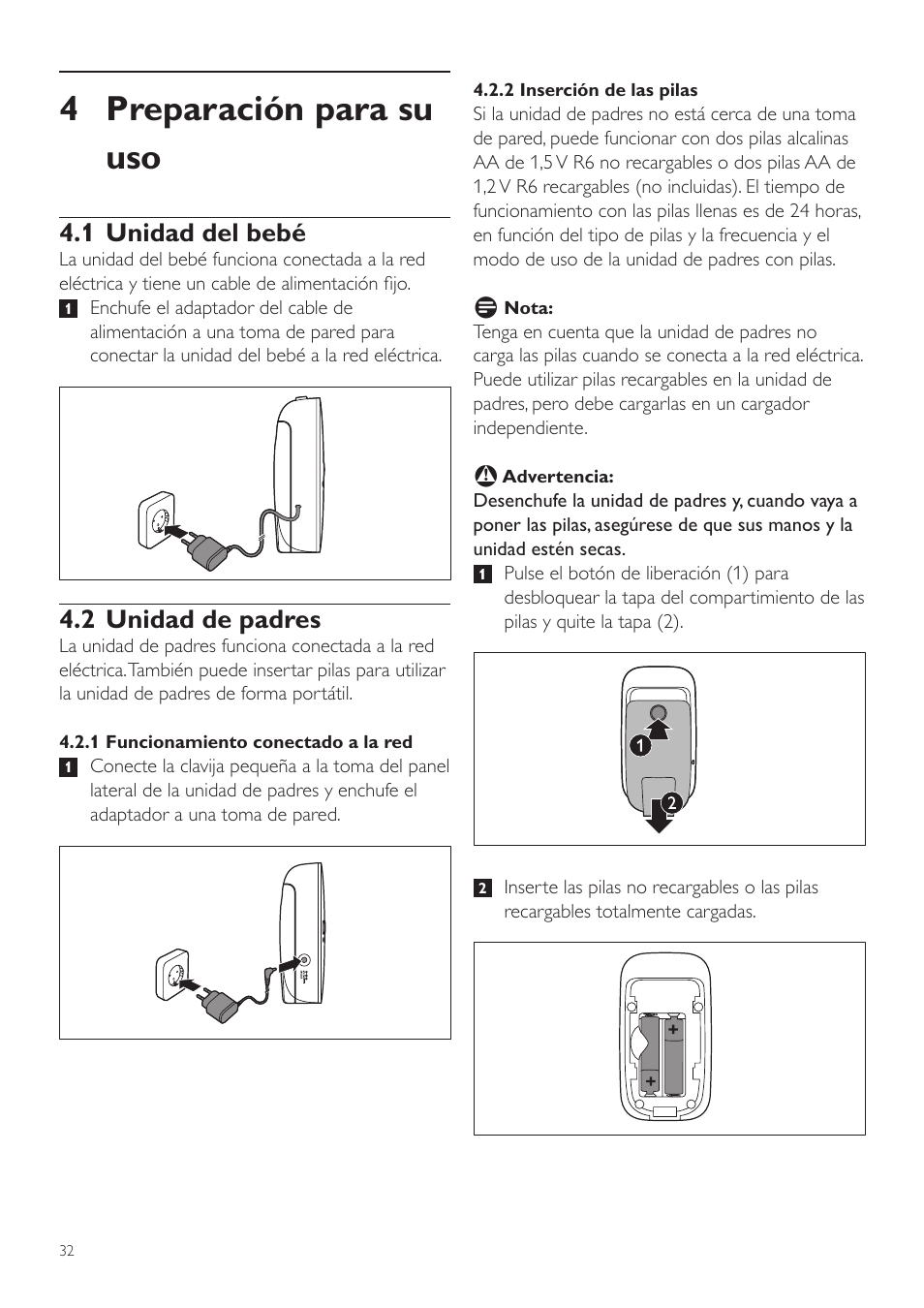 4 preparación para su uso, 1 unidad del bebé, 2 unidad de padres | Philips AVENT Vigilabebés DECT User Manual | Page 32 / 72