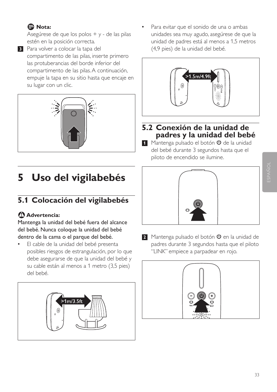 5 uso del vigilabebés, 1 colocación del vigilabebés | Philips AVENT Vigilabebés DECT User Manual | Page 33 / 72