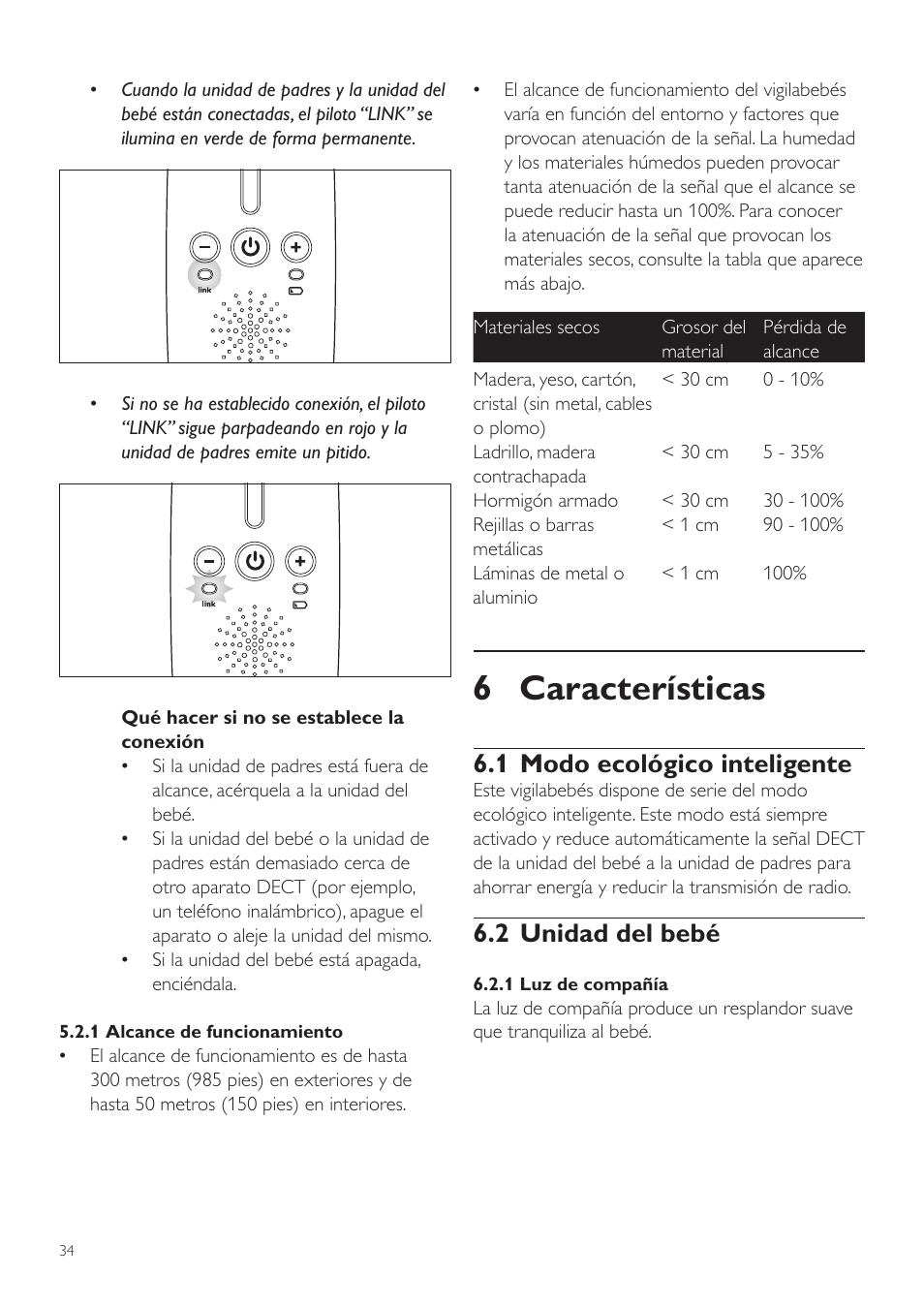 6 características, 1 modo ecológico inteligente, 2 unidad del bebé | Philips AVENT Vigilabebés DECT User Manual | Page 34 / 72