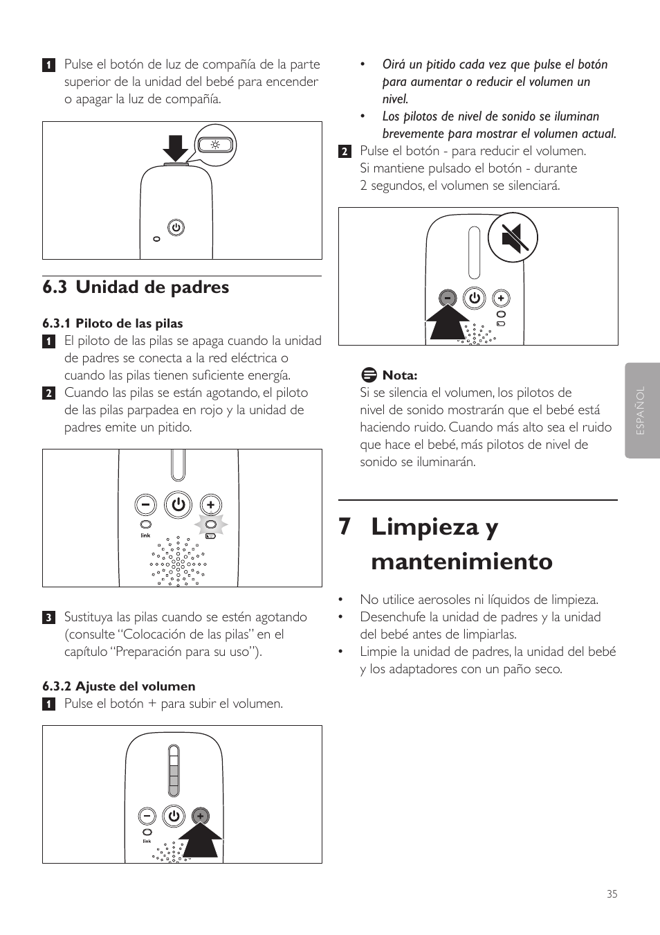 7 limpieza y mantenimiento, 3 unidad de padres | Philips AVENT Vigilabebés DECT User Manual | Page 35 / 72