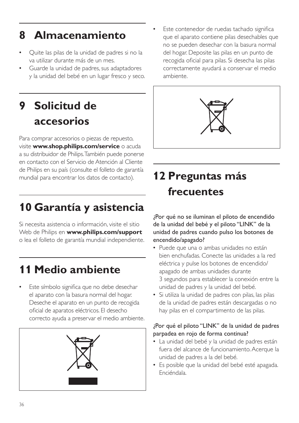 12 preguntas más frecuentes, 8 almacenamiento, 9 solicitud de accesorios | 10 garantía y asistencia, 11 medio ambiente | Philips AVENT Vigilabebés DECT User Manual | Page 36 / 72