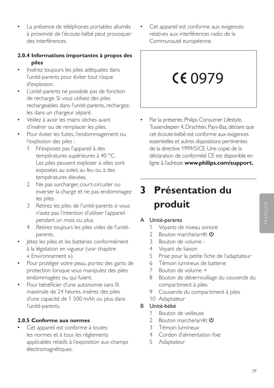 3 présentation du produit | Philips AVENT Vigilabebés DECT User Manual | Page 39 / 72