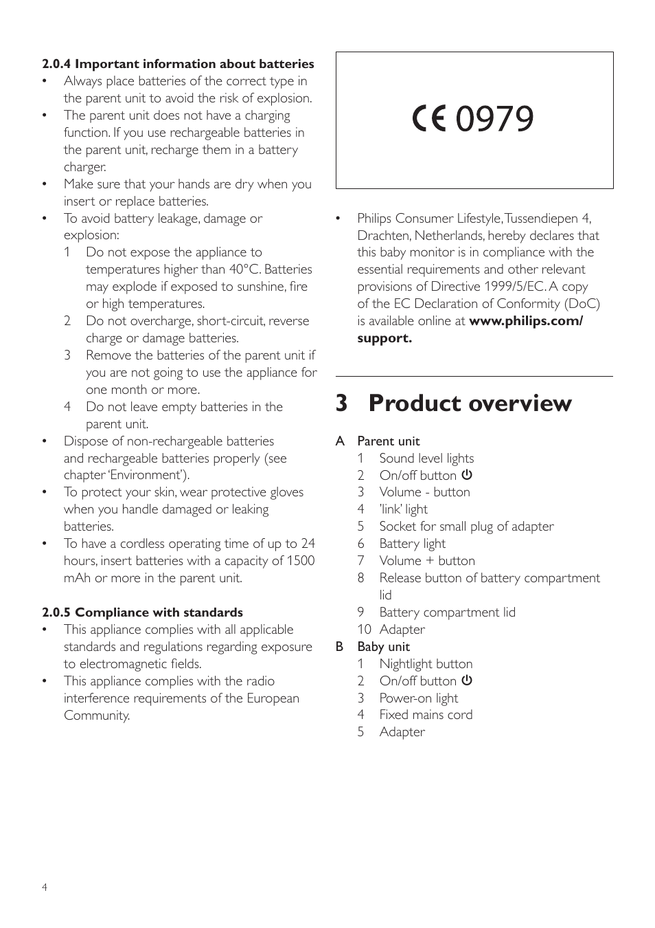 3 product overview | Philips AVENT Vigilabebés DECT User Manual | Page 4 / 72