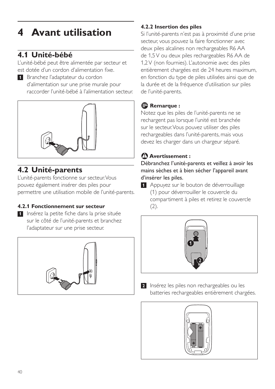 4 avant utilisation, 1 unité-bébé, 2 unité-parents | Philips AVENT Vigilabebés DECT User Manual | Page 40 / 72