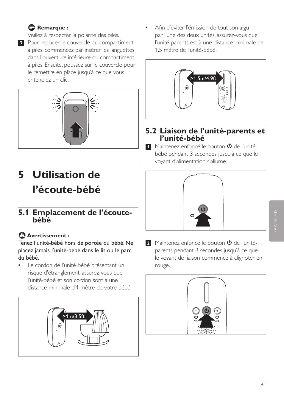 5 utilisation de l’écoute-bébé, 2 liaison de l’unité-parents et l’unité-bébé, 1 emplacement de l’écoute- bébé | Philips AVENT Vigilabebés DECT User Manual | Page 41 / 72