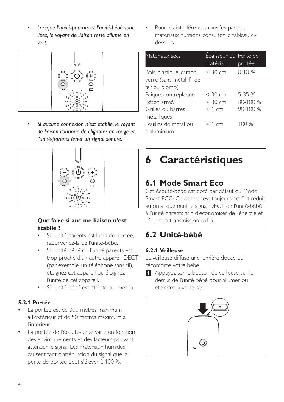 6 caractéristiques, 1 mode smart eco, 2 unité-bébé | Philips AVENT Vigilabebés DECT User Manual | Page 42 / 72