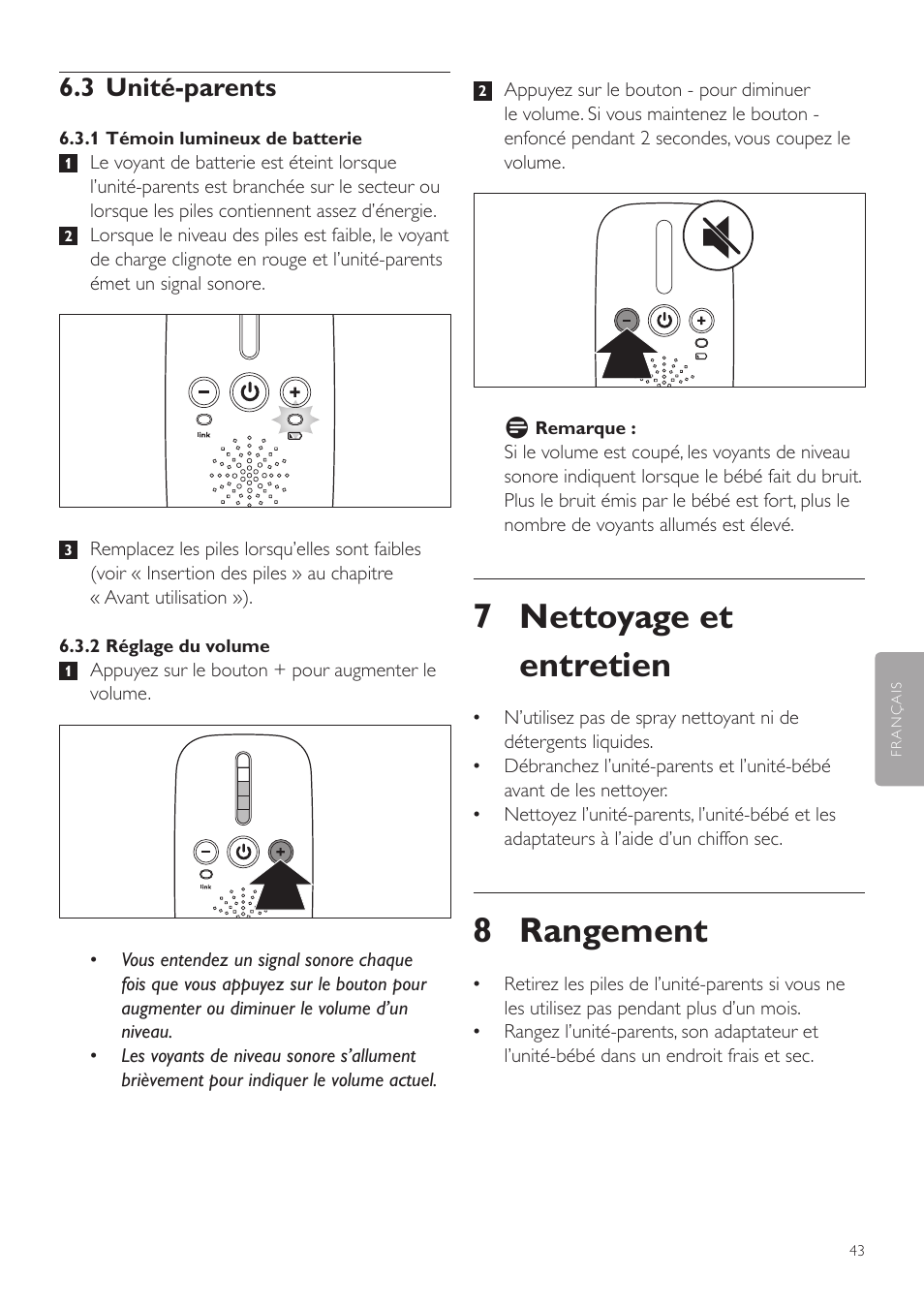 7 nettoyage et entretien, 8 rangement, 3 unité-parents | Philips AVENT Vigilabebés DECT User Manual | Page 43 / 72