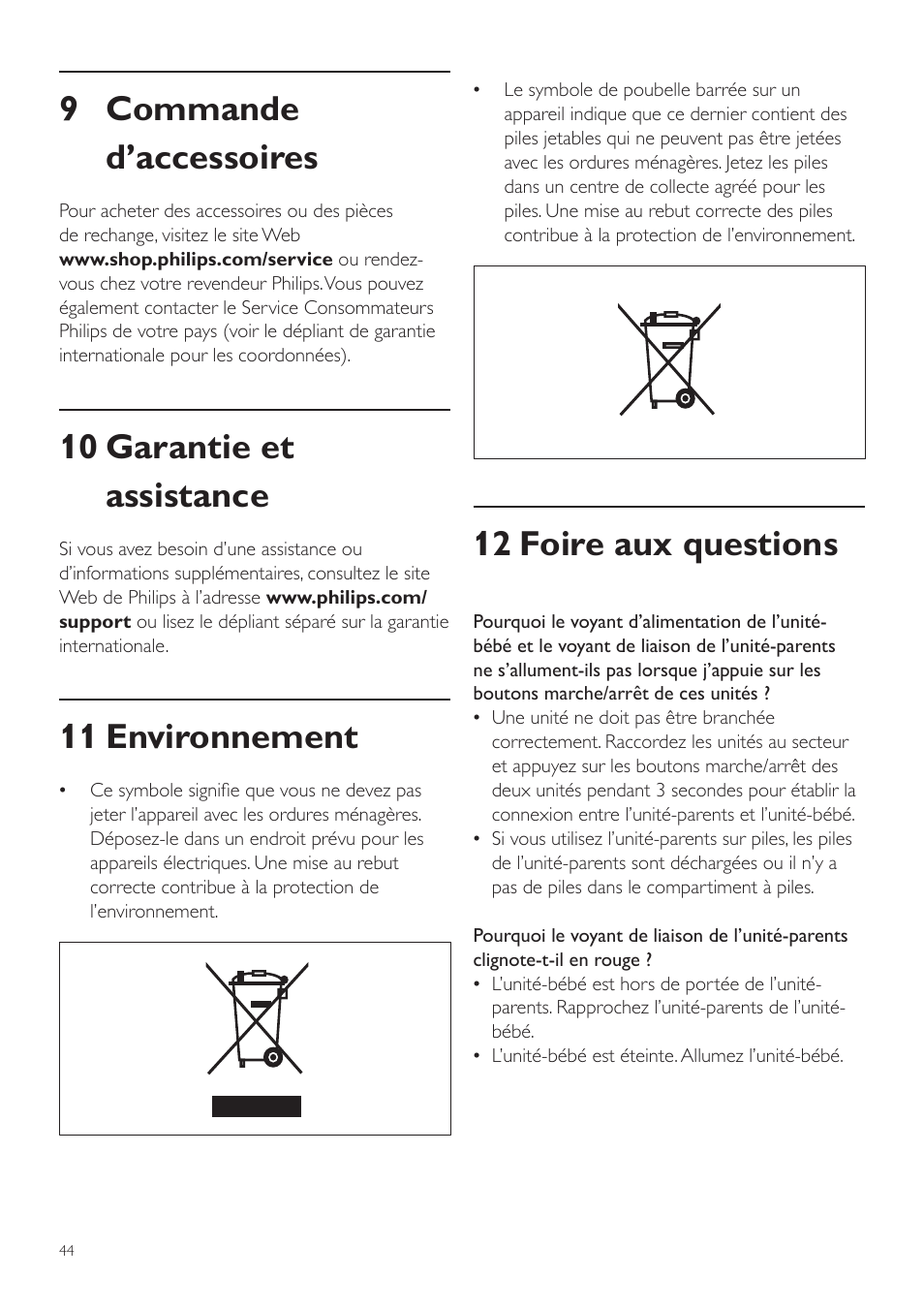 12 foire aux questions, 9 commande d’accessoires, 10 garantie et assistance | 11 environnement | Philips AVENT Vigilabebés DECT User Manual | Page 44 / 72