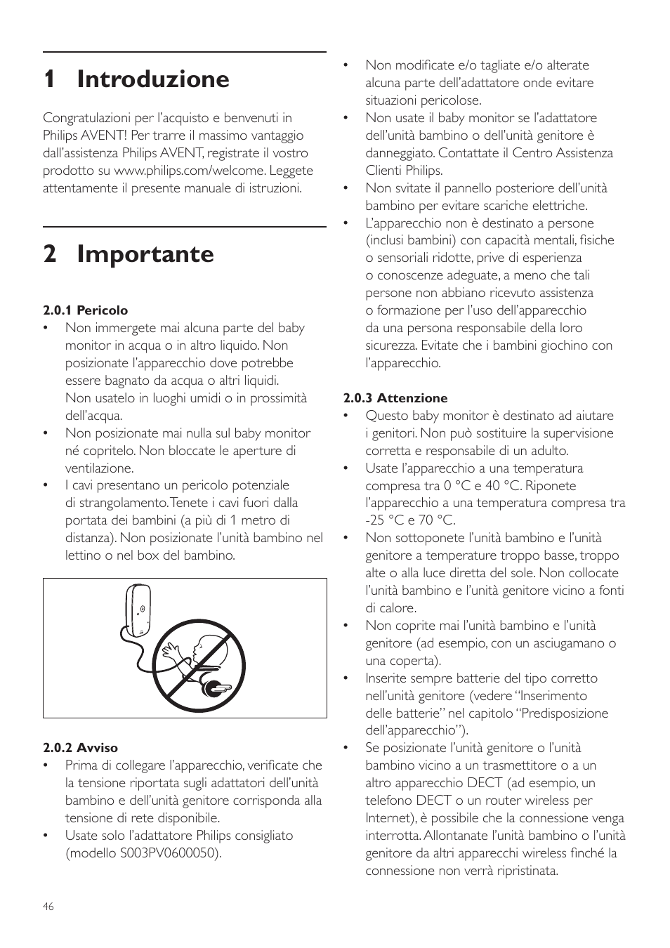 Italiano, Manuale utente, 1 introduzione | 2 importante | Philips AVENT Vigilabebés DECT User Manual | Page 46 / 72