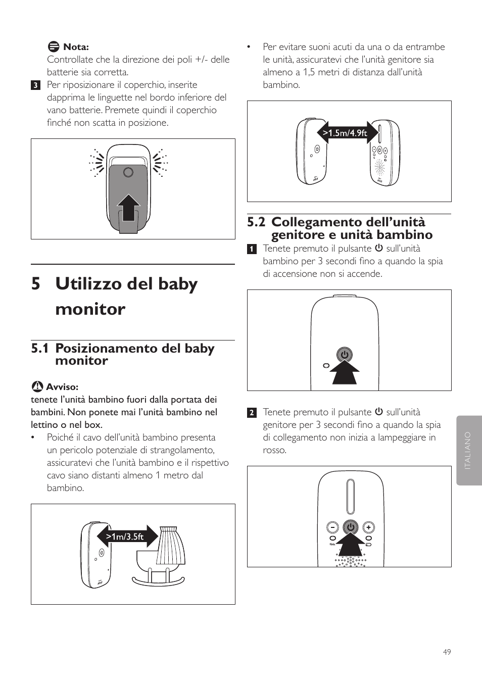 5 utilizzo del baby monitor, 2 collegamento dell’unità genitore e unità bambino, 1 posizionamento del baby monitor | Philips AVENT Vigilabebés DECT User Manual | Page 49 / 72