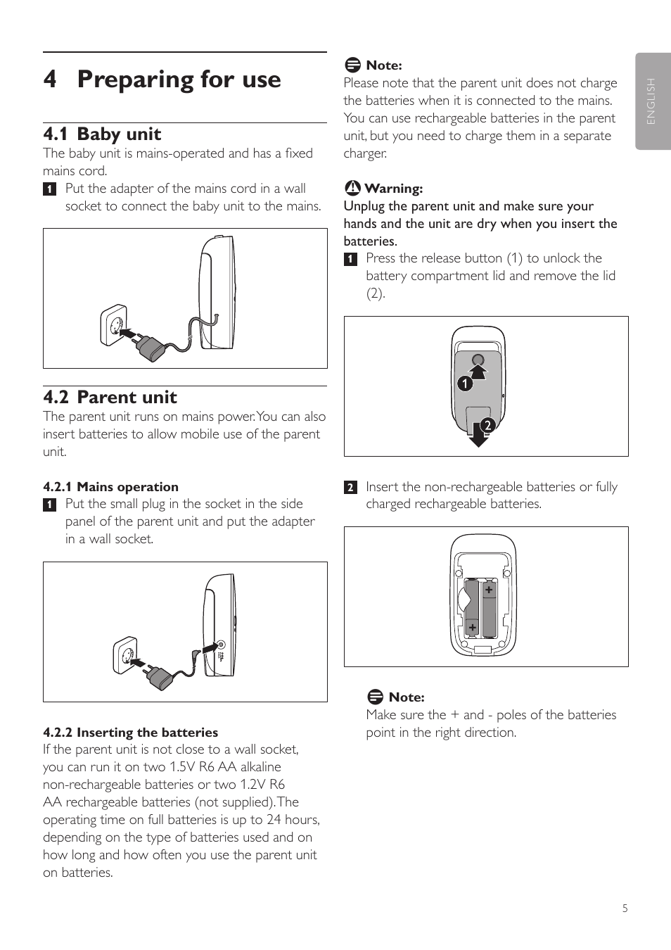 4 preparing for use, 1 baby unit, 2 parent unit | Philips AVENT Vigilabebés DECT User Manual | Page 5 / 72