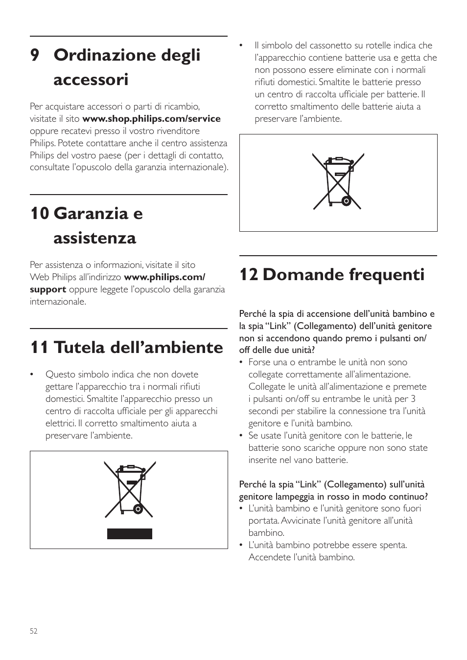 12 domande frequenti, 9 ordinazione degli accessori, 10 garanzia e assistenza | 11 tutela dell’ambiente | Philips AVENT Vigilabebés DECT User Manual | Page 52 / 72
