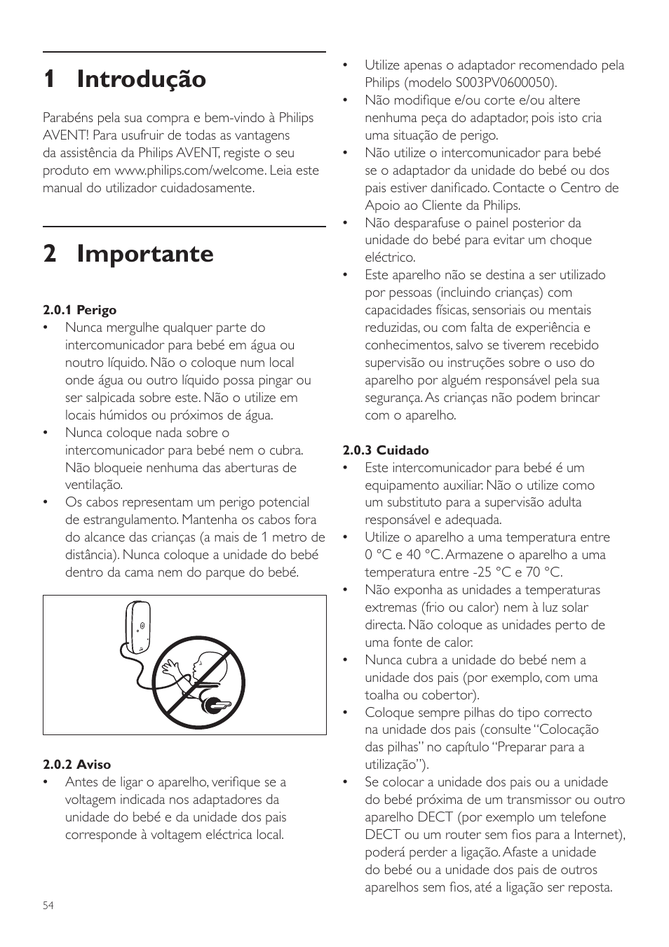 Português, Manual do utilizador, 1 introdução | 2 importante | Philips AVENT Vigilabebés DECT User Manual | Page 54 / 72