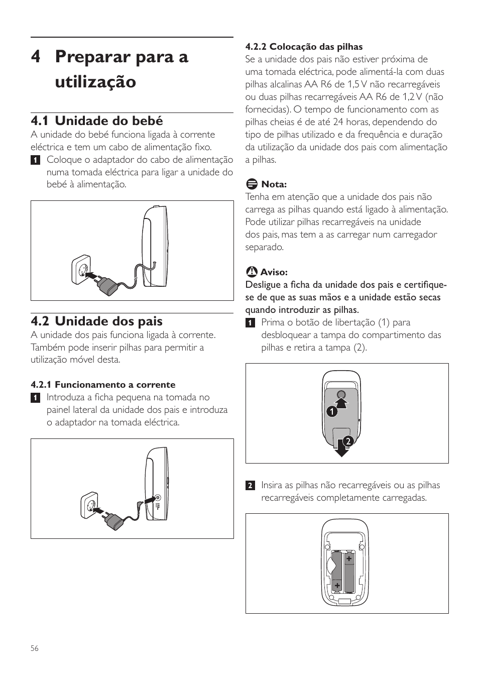 4 preparar para a utilização, 1 unidade do bebé, 2 unidade dos pais | Philips AVENT Vigilabebés DECT User Manual | Page 56 / 72