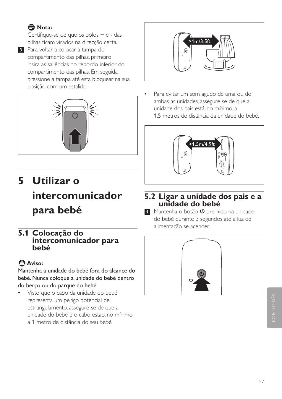 5 utilizar o intercomunicador para bebé, 2 ligar a unidade dos pais e a unidade do bebé, 1 colocação do intercomunicador para bebé | Philips AVENT Vigilabebés DECT User Manual | Page 57 / 72