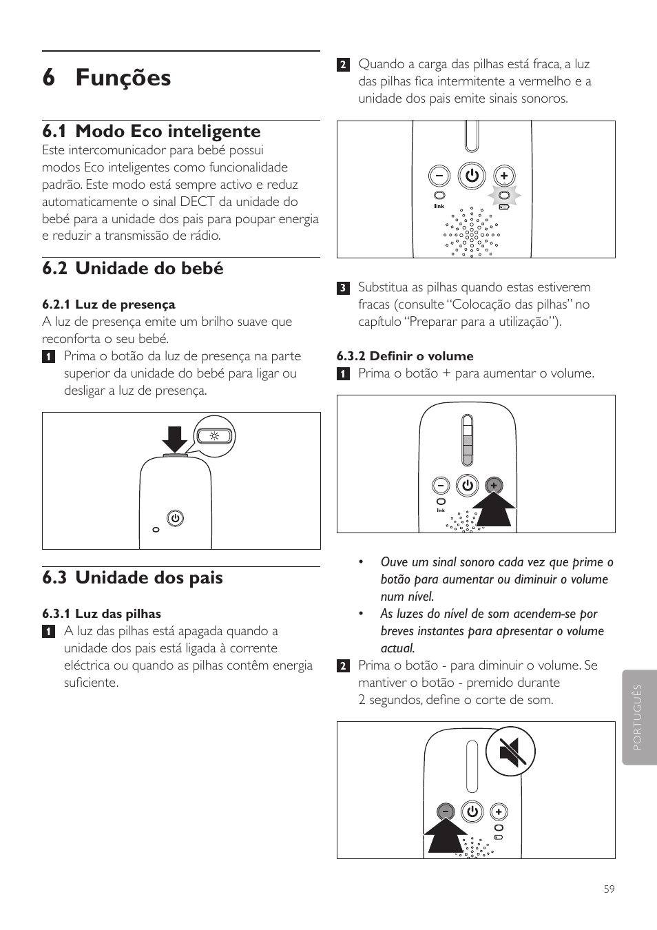 6 funções, 1 modo eco inteligente, 2 unidade do bebé | 3 unidade dos pais | Philips AVENT Vigilabebés DECT User Manual | Page 59 / 72