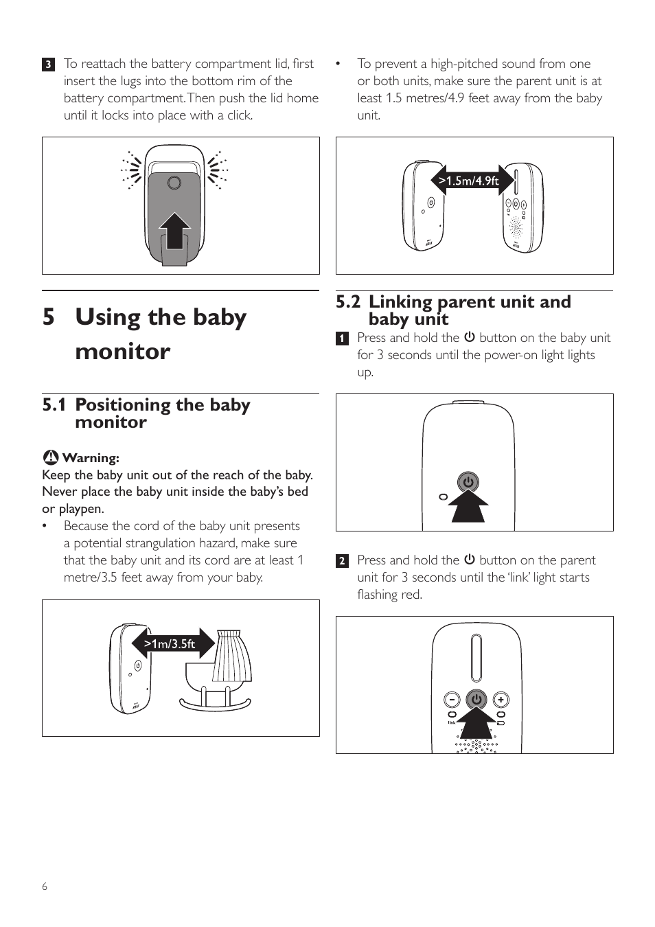 5 using the baby monitor, 2 linking parent unit and baby unit, 1 positioning the baby monitor | Philips AVENT Vigilabebés DECT User Manual | Page 6 / 72