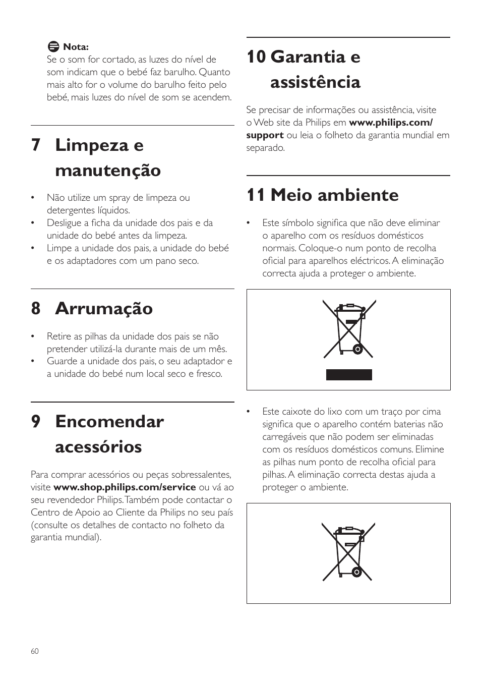 10 garantia e assistência, 11 meio ambiente, 7 limpeza e manutenção | 8 arrumação, 9 encomendar acessórios | Philips AVENT Vigilabebés DECT User Manual | Page 60 / 72
