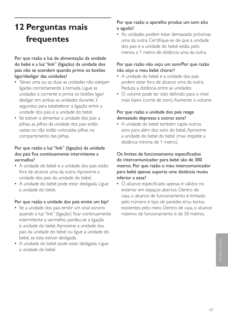 12 perguntas mais frequentes | Philips AVENT Vigilabebés DECT User Manual | Page 61 / 72