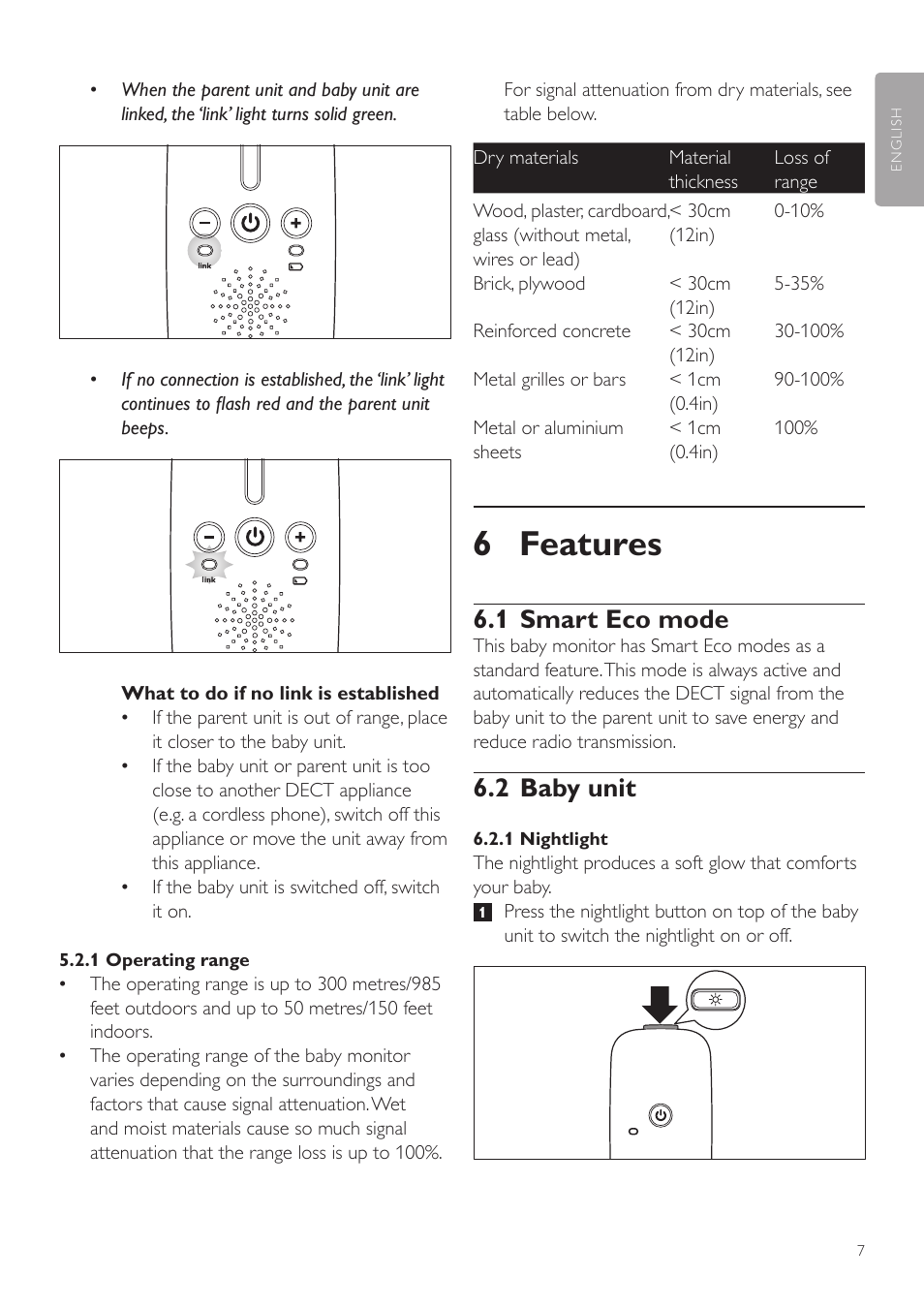6 features, 1 smart eco mode, 2 baby unit | Philips AVENT Vigilabebés DECT User Manual | Page 7 / 72