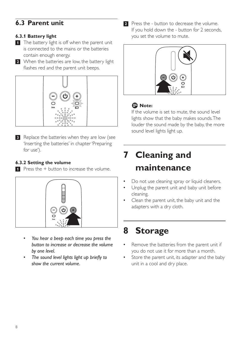 7 cleaning and maintenance, 8 storage, 3 parent unit | Philips AVENT Vigilabebés DECT User Manual | Page 8 / 72