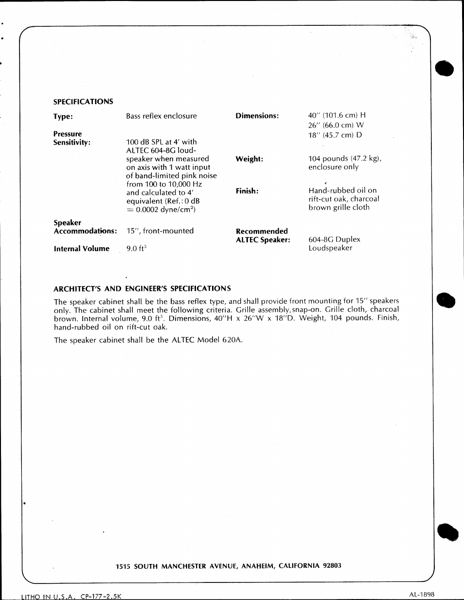 Specifications, Type, Pressure | Speaker, Dimensions, Weight, Finish, Recommended altec speaker, Architect's and engineer's specifications | Altec Lansing 620A User Manual | Page 2 / 2