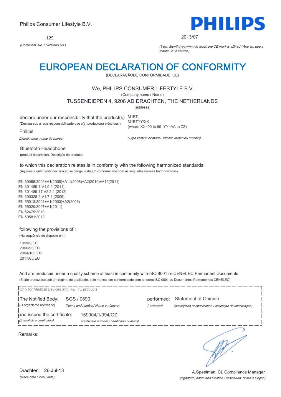 European declaration of conformity | Philips Fidelio Auriculares Bluetooth User Manual | Page 14 / 21
