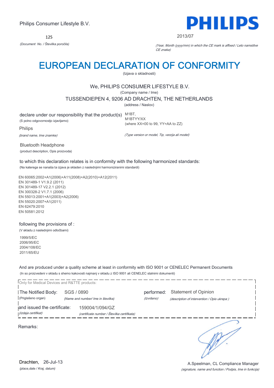 European declaration of conformity | Philips Fidelio Auriculares Bluetooth User Manual | Page 18 / 21