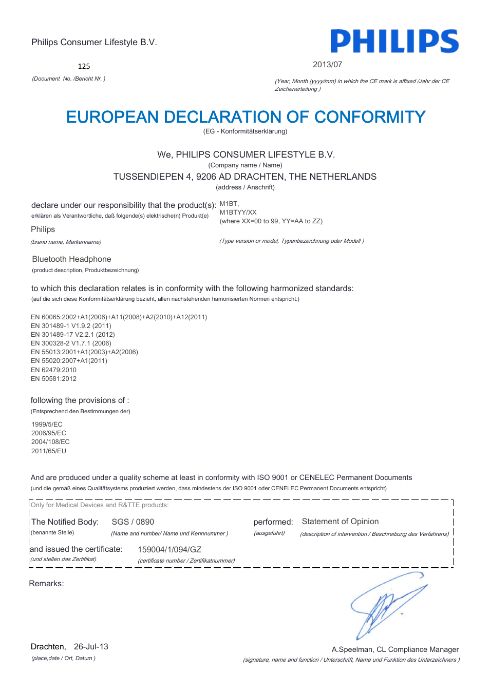 European declaration of conformity | Philips Fidelio Auriculares Bluetooth User Manual | Page 2 / 21