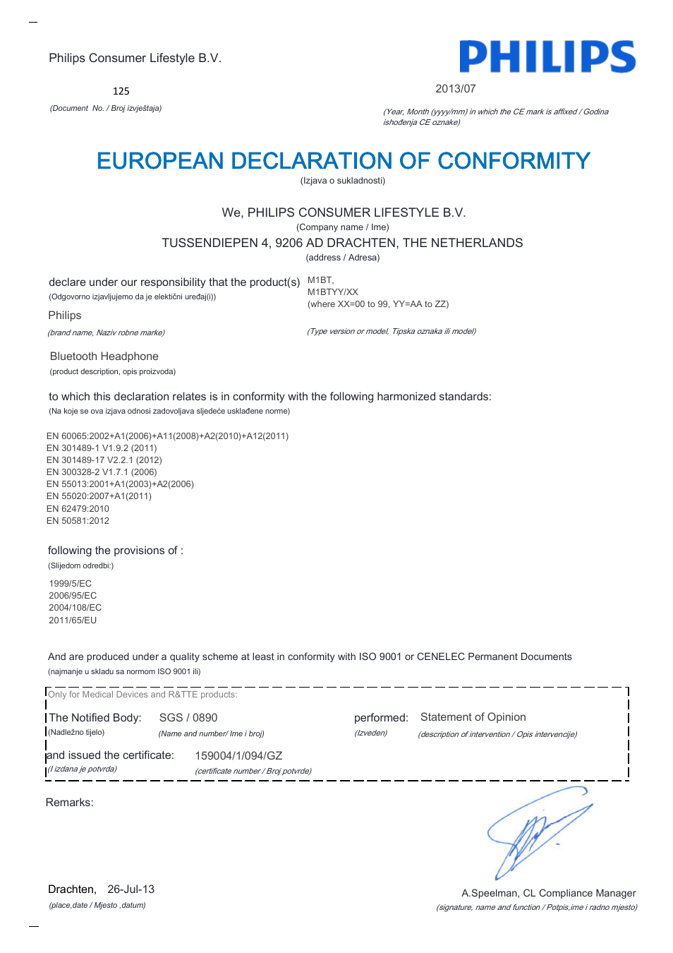 European declaration of conformity | Philips Fidelio Auriculares Bluetooth User Manual | Page 20 / 21