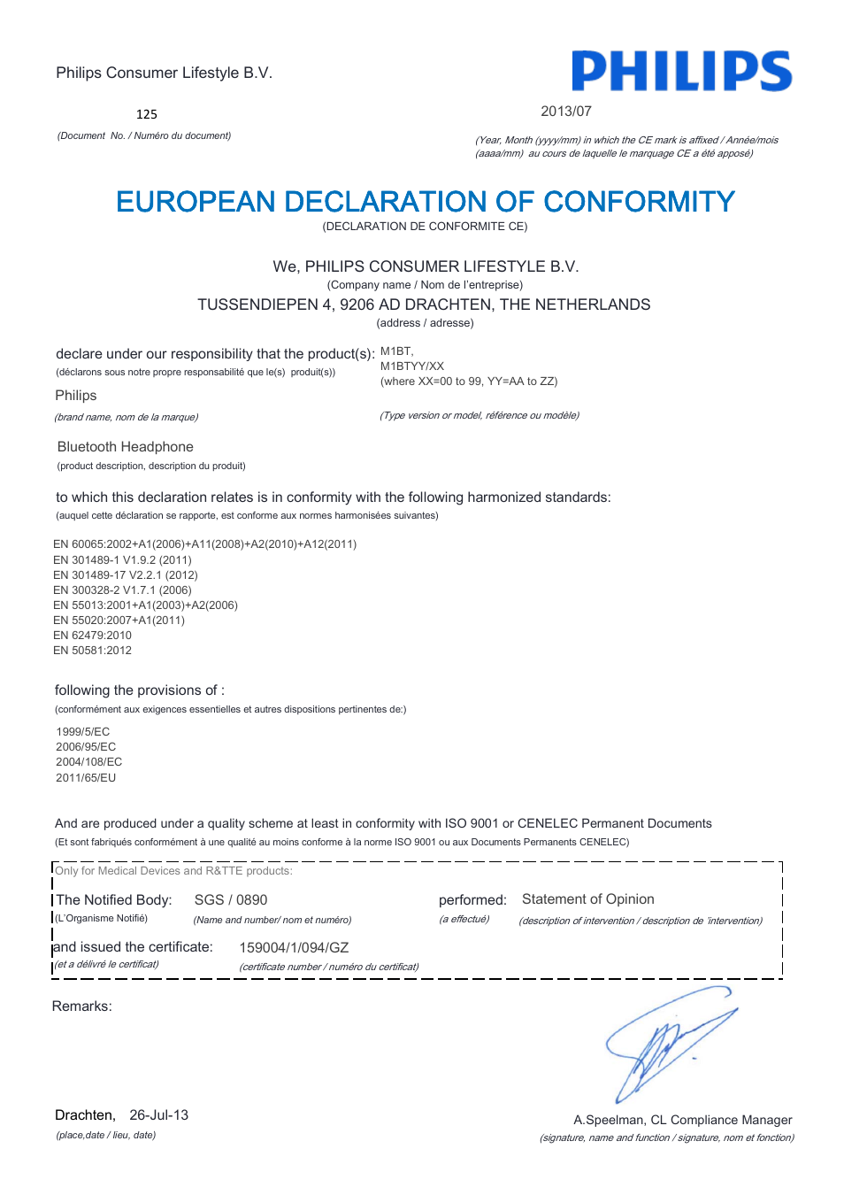European declaration of conformity | Philips Fidelio Auriculares Bluetooth User Manual | Page 3 / 21