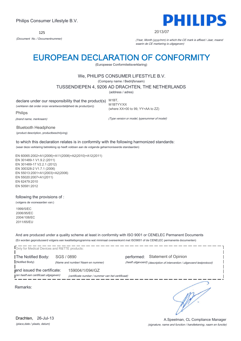 European declaration of conformity | Philips Fidelio Auriculares Bluetooth User Manual | Page 4 / 21