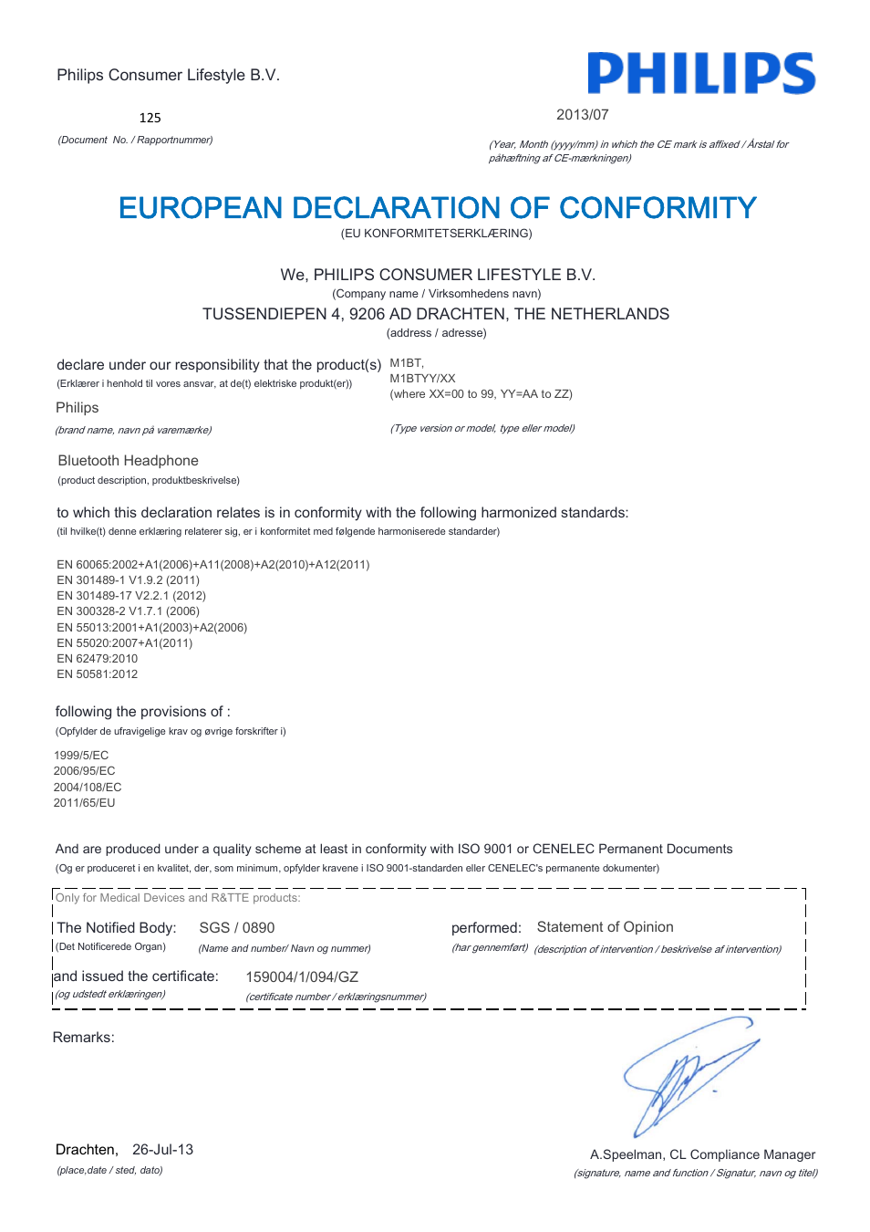 European declaration of conformity | Philips Fidelio Auriculares Bluetooth User Manual | Page 6 / 21