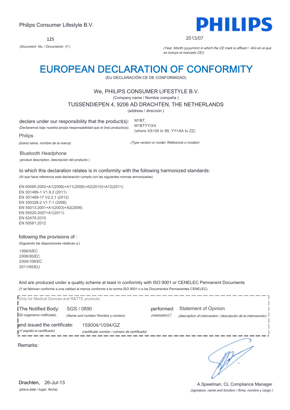 European declaration of conformity | Philips Fidelio Auriculares Bluetooth User Manual | Page 7 / 21