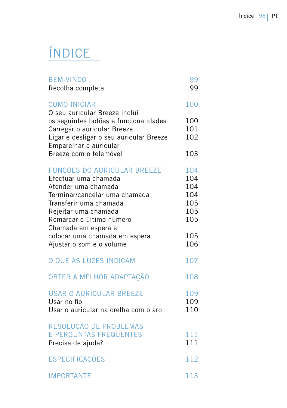 Manual de utilização, Índice | Philips Swarovski Bluetooth a la moda User Manual | Page 100 / 194