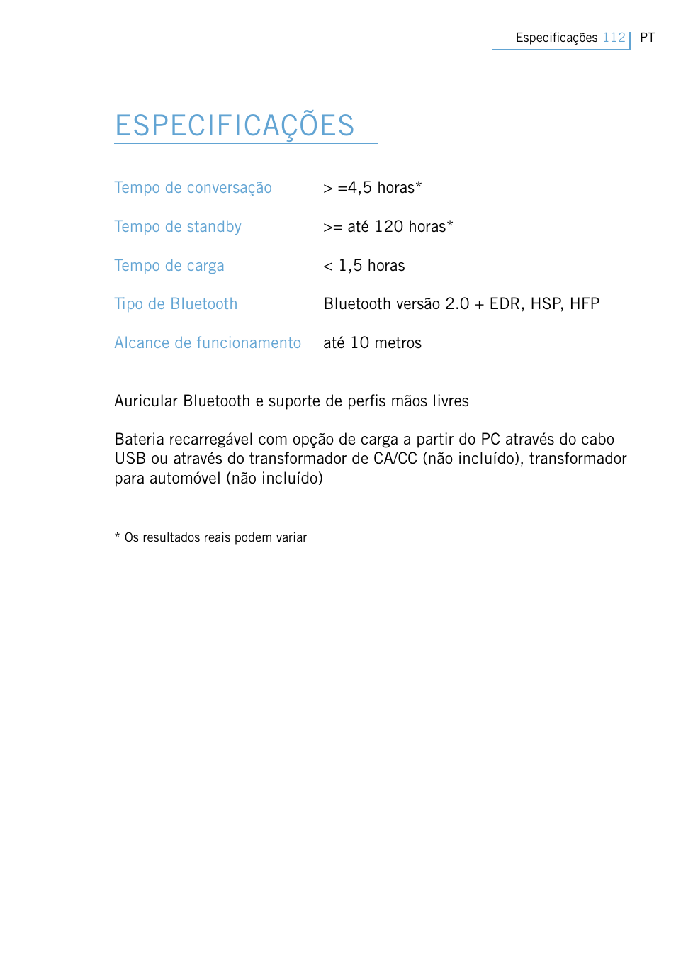 Especificações | Philips Swarovski Bluetooth a la moda User Manual | Page 114 / 194