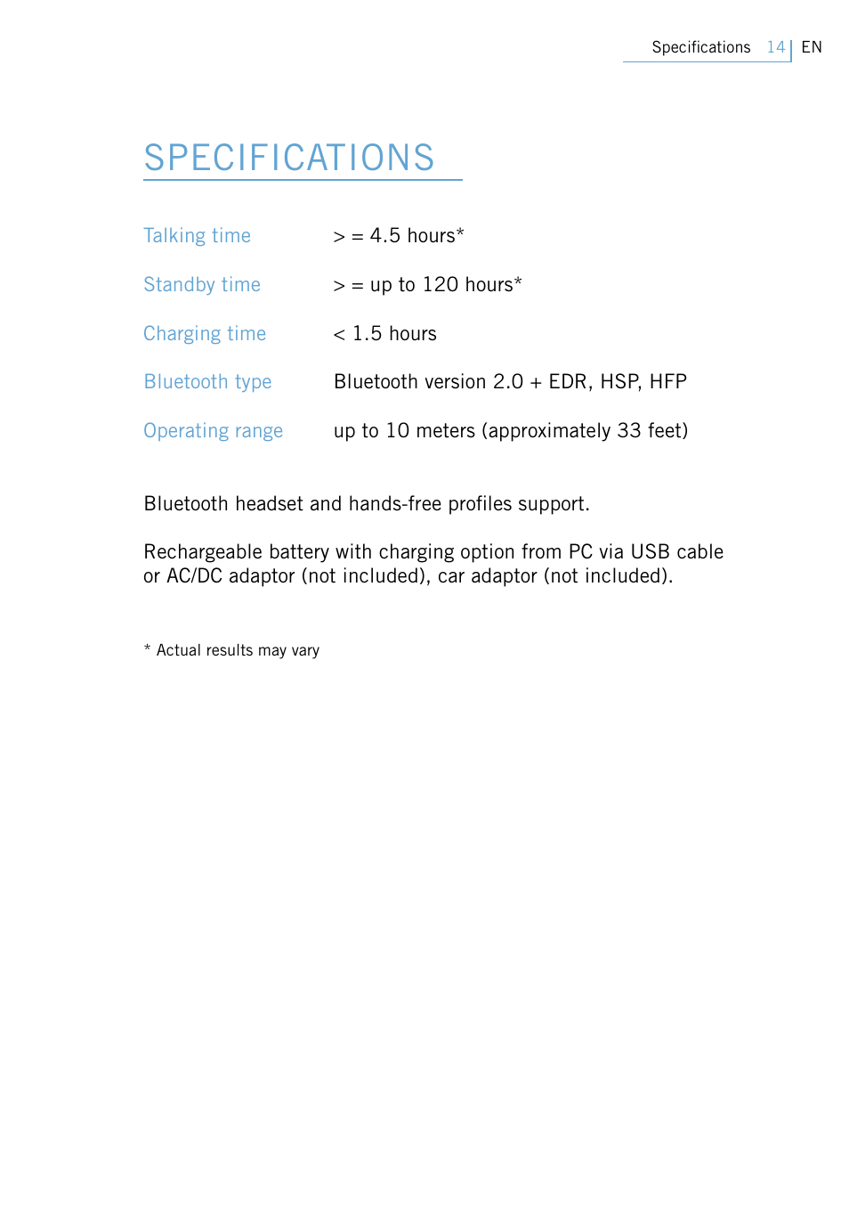 Specifications | Philips Swarovski Bluetooth a la moda User Manual | Page 16 / 194